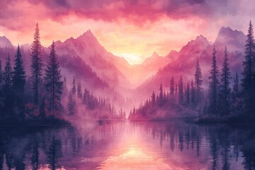 Wall Mural - Illustration of a serene landscape with mountains and lakes, rendered in watercolor and aquarelle by generative AI