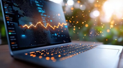Wall Mural - futuristic data analytics overlay on a laptop screen showcasing interactive graphs charts and visual