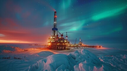 Poster - Vibrant northern lights dance across the sky above an oil drilling rig surrounded by snow and ice, creating a stunning contrast against the Arctic evening backdrop.