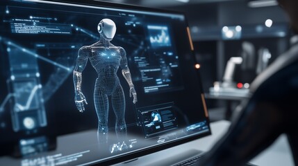 tech professional developing advanced robotics, interacting with holographic hud interface displayin