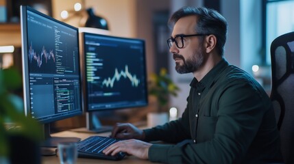 focused software developer working late in a dimly lit modern office, analyzing complex charts and l