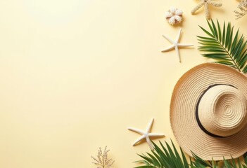 Summer background. Straw hat, starfish, and palm leaves on a beige background.