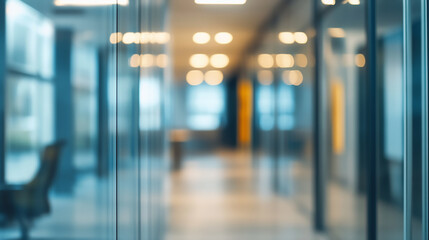 Wall Mural - Abstract blurred office interior room. blurry working space with defocused effect clean modern and elegant interior design of a hospital or business office hallway with bright luminous lighting  