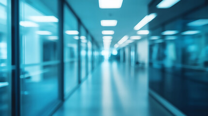 Wall Mural - Modern bright office hallway with large windows and shiny floor empty modern office hallway with large windows cityscape view. Clean shiny floor reflects light.
