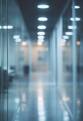 Wall Mural - Modern bright office hallway with large windows and shiny floor empty modern office hallway with large windows cityscape view. Clean shiny floor reflects light.
