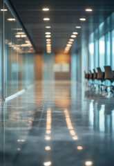 Wall Mural - Modern office hallway with shiny floor and large windows blurred office interior background with a blurry modern white and glass business space
