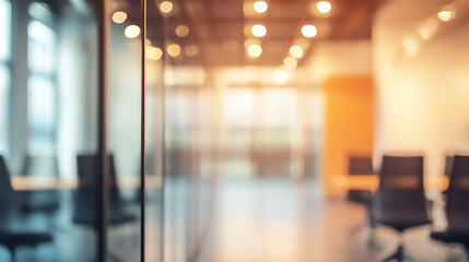 Wall Mural - Modern office hallway with shiny floor and large windows blurred office interior background with a blurry modern white and glass business space
