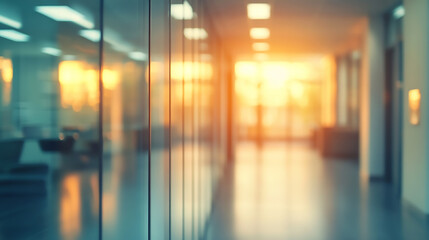 Wall Mural - Blurred office interior background with a blurry modern white and glass business space corridor in a modern building

