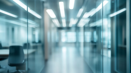 Wall Mural - Modern office hallway with shiny floor and large windows blurred office interior background with a blurry modern white and glass business space 