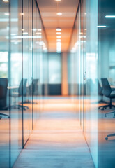 Wall Mural - Modern office hallway with shiny floor and large windows blurred office interior background with a blurry modern white and glass business space 