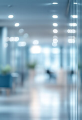 Wall Mural - Modern office hallway with shiny floor and large windows blurred office interior background with a blurry modern white and glass business space 