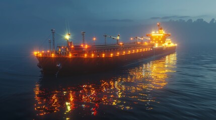 Aufkleber - A cargo ship with glowing lights navigates through calm waters during twilight, reflecting colors on the surface while surrounded by a misty atmosphere.