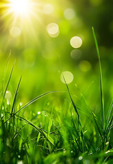 Wall Mural - A fresh spring sunny garden background of green grass and blurred foliage bokeh natural grass background with blurred bokeh and sun
