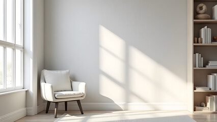 A bright and minimalist living space features a white armchair near large windows, casting soft shadows on a cream wall with a simple bookshelf filled with decor and books