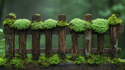 Poster - Mossy Wooden Fence, Misty Forest Background, Nature Scene