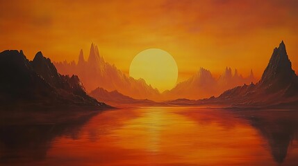 Canvas Print - Fiery sunset over a calm lake, reflecting the sun and mountainous landscape.