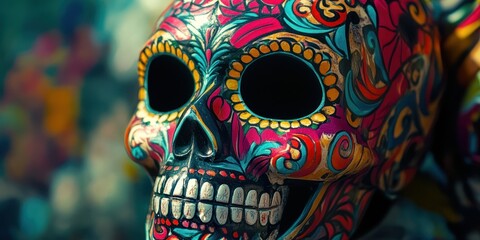 Colorful skull mask, Day of the Dead, Mexico, blurred background, cultural celebration