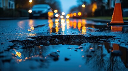 Poster - Nighttime Pothole Repair, City Street, Wet Asphalt, Traffic Blur