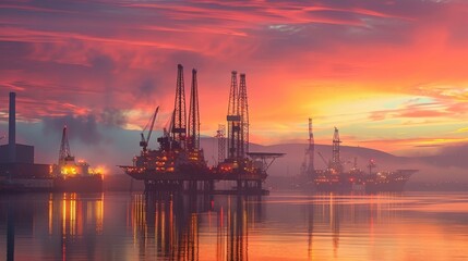 Poster - Colorful sunset lights up the sky and water near oil rigs, creating a dramatic and serene setting in a busy coastal industrial area, reflecting the days end.