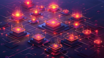 Fototapete - Complex network of glowing nodes and circuitry displays a futuristic technology design. Pulsing energy emanates from numerous points, creating a vibrant visual effect.