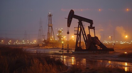 Aufkleber - Heavy machinery operates at an oil extraction site during nighttime. The area is illuminated by lights, creating a striking industrial environment against the dark sky.