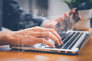 ai artificial intelligence. business woman using ai technology for data analysis, coding computer la