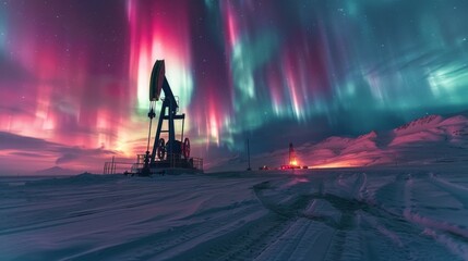 Poster - Vibrant colors of the aurora borealis paint the sky above an oil rig in a remote snowy area, showcasing natures beauty against an industrial backdrop at night.