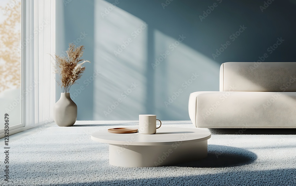 3D rendering of a modern living room interior design with a blue wall ...