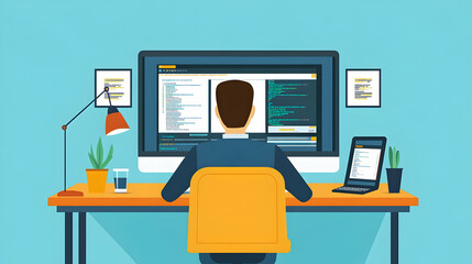 Programmer coding on desktop, office background