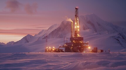 Aufkleber - An oil drilling rig operates in a remote, icy region at dusk, with bright lights shining on the snow covered terrain and surrounding mountains bathed in twilight hues.