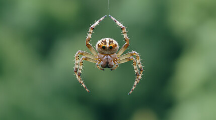 Orb Weaver Spider Hanging: A detailed close-up of an orb weaver spider, hanging upside down on its web, showcasing intricate details of its legs and body against a blurred green background.
