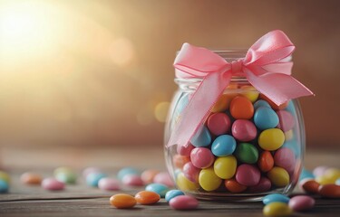 Wall Mural - Colorful candy jar with pastel candies on a wooden table in soft lighting