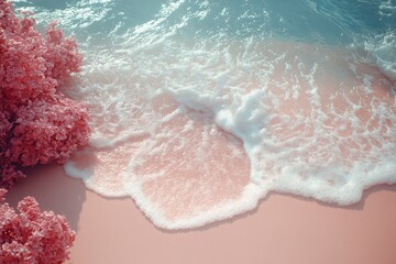 Wall Mural - Soft pink sand and gentle waves create a serene beach atmosphere with blooming flowers nearby