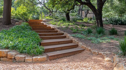 Wall Mural - Wooden steps leading through a lush garden pathway