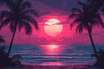 Wall Mural - Vibrant sunset over calm ocean with silhouetted palm trees reflecting in glowing water