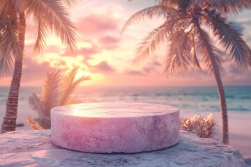 Wall Mural - Sunset over tranquil beach with palm trees and a stone platform by the ocean at a serene coastal location