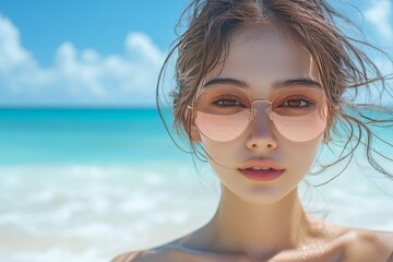 Wall Mural - Young woman enjoying a sunny day at the beach with stylish sunglasses and ocean waves in the background