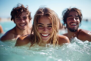 Wall Mural - Friends enjoy a sunny day at the beach, laughing and splashing in the clear blue water