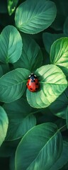 Wall Mural - Ladybug on leaf, green foliage background, nature close-up, garden