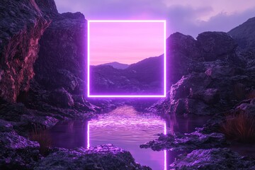 Surrounded by calm reflective waters, a violet-outlined square glass billboard softly glows above a rocky terrain.