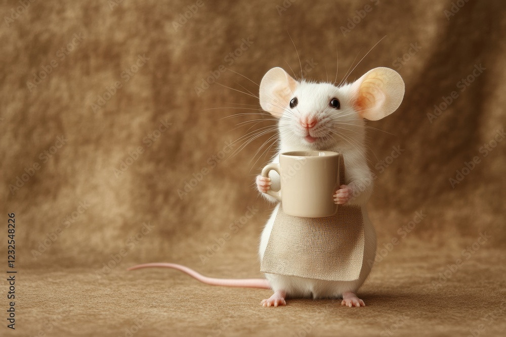 Cute white mouse wearing apron holds small cup in cozy setting with ...