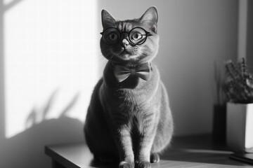 Cat wearing glasses and a bow tie sits on a table in a sunlit room creating a charming atmosphere. Generative AI