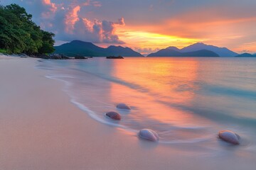 Wall Mural - Serene sunset at a tropical beach with gentle waves and distant mountains