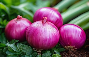 Wall Mural - Freshly harvested red onions resting on green herbs in a garden