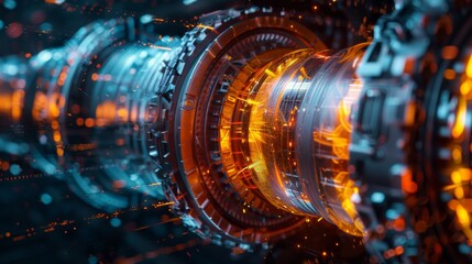 Aufkleber - A detailed representation of advanced machinery in a high tech environment showcasing intricate components glowing with energy. Elements highlight the cutting edge nature of modern engineering.
