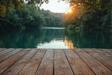 Wall Mural - Serene dock at a peaceful lake during sunset surrounded by lush trees in summer