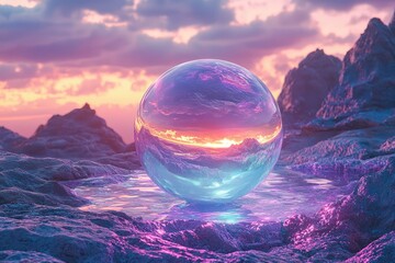 Jagged volcanic rocks and glowing water ripples under a sleek clear glass globe capture the magenta and cyan hues of a softly lit sunset.