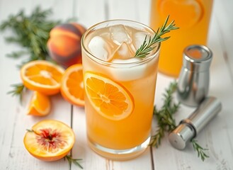 Wall Mural - an image of a glass of orange juice with a rosemary sprig.