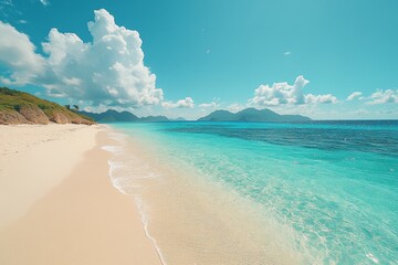 Wall Mural - Tranquil beach with clear turquoise waters and gentle waves under a bright blue sky