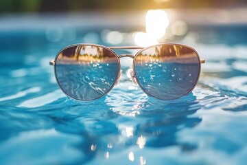 Wall Mural - Sunglasses resting on the water surface reflecting palm trees and sunlight during a summer afternoon